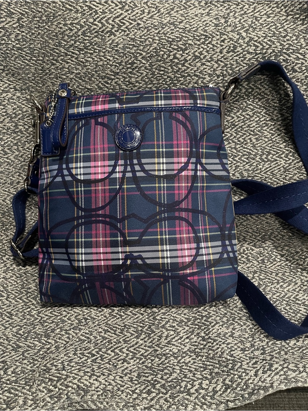 Coach Navy Tartan Plaid Poppy Crossbody with Pink and Yellow Accents - Picture 3 of 6